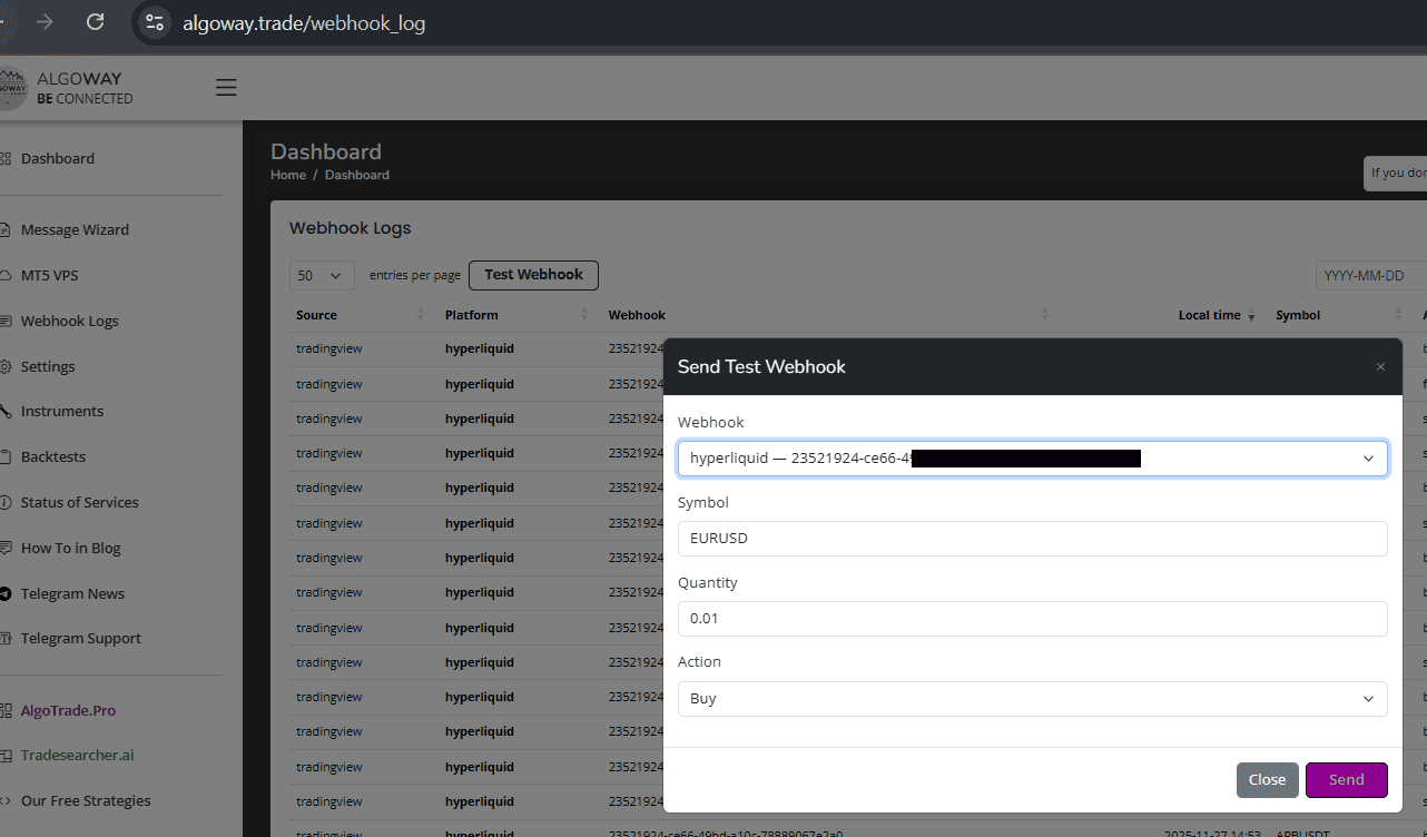 AlgoWay test webhook modal for Hyperliquid