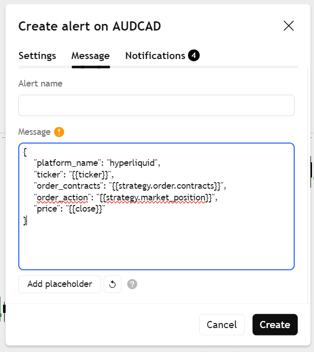 TradingView alert message containing Hyperliquid JSON for AlgoWay