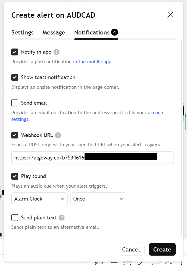 TradingView webhook URL notification setting for Hyperliquid automation