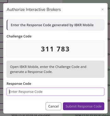 AlgoWay IBKR authorization modal showing a Challenge Code and Response Code field