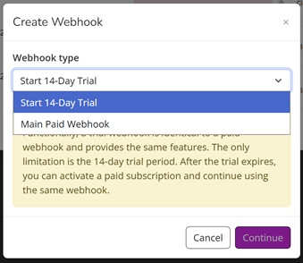 AlgoWay create webhook modal with trial and main paid webhook options for IBKR