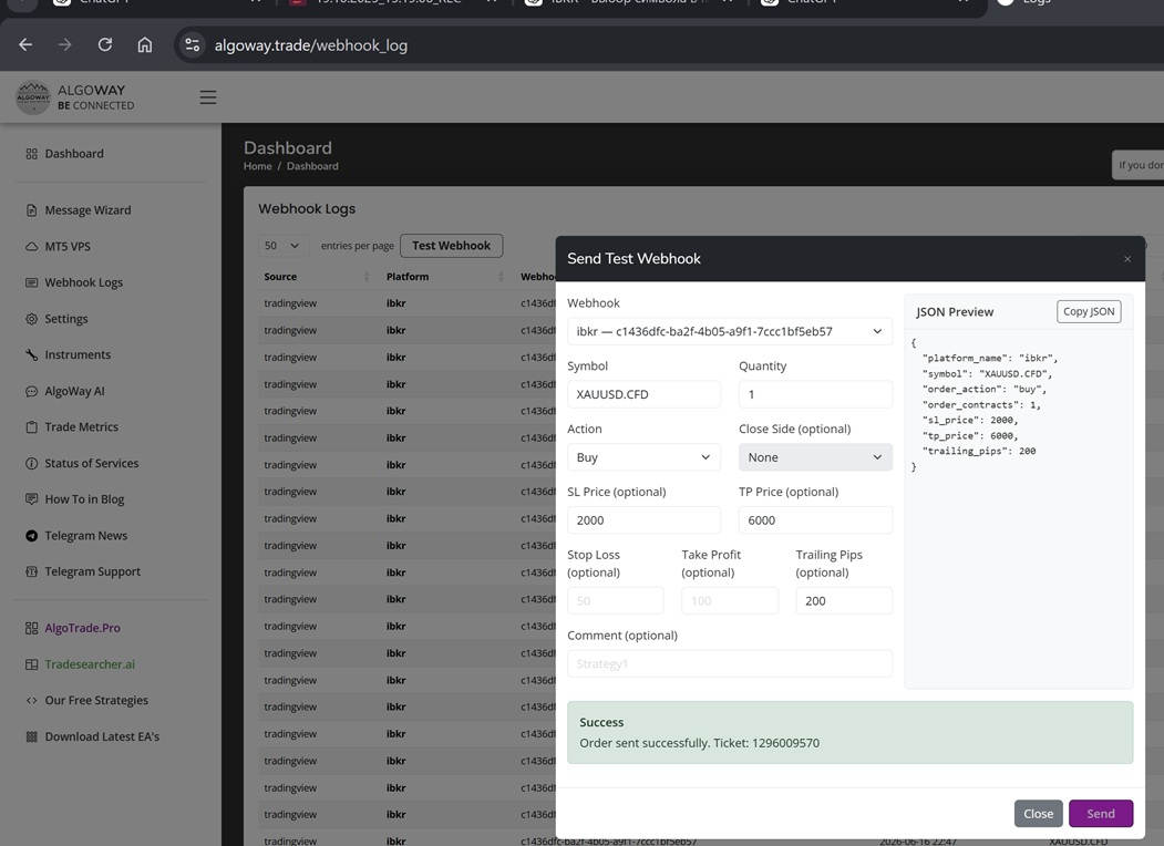 AlgoWay Send Test Webhook modal for Interactive Brokers with JSON preview and successful order
