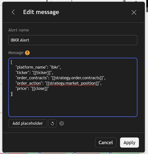 TradingView Edit message window with IBKR JSON payload for AlgoWay webhook