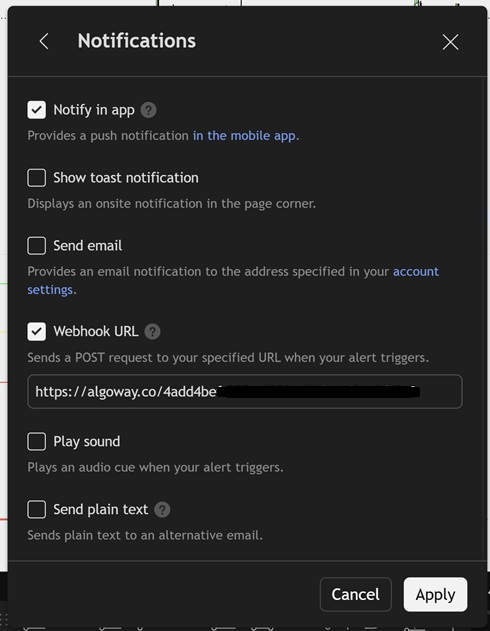 TradingView Notifications section with Webhook URL enabled and AlgoWay IBKR URL pasted