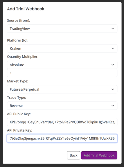 AlgoWay Kraken Futures webhook settings