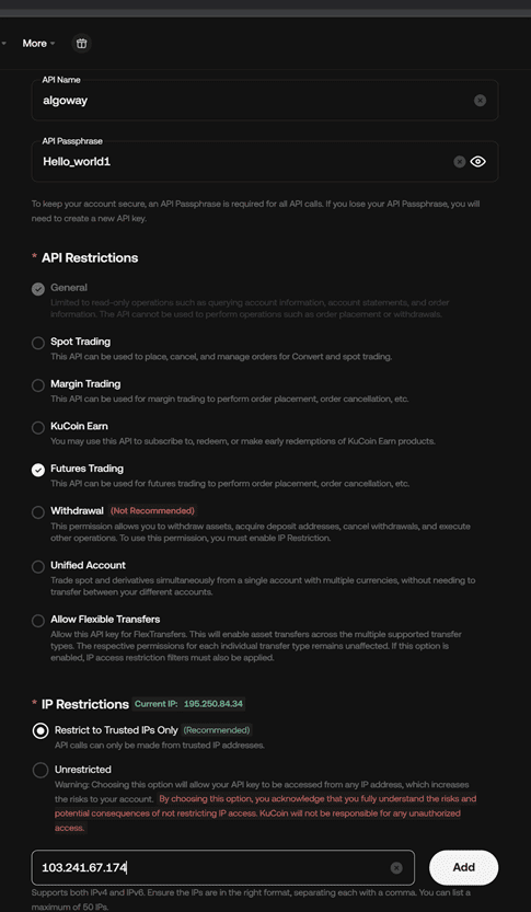 KuCoin API key permissions and trusted IP restriction
