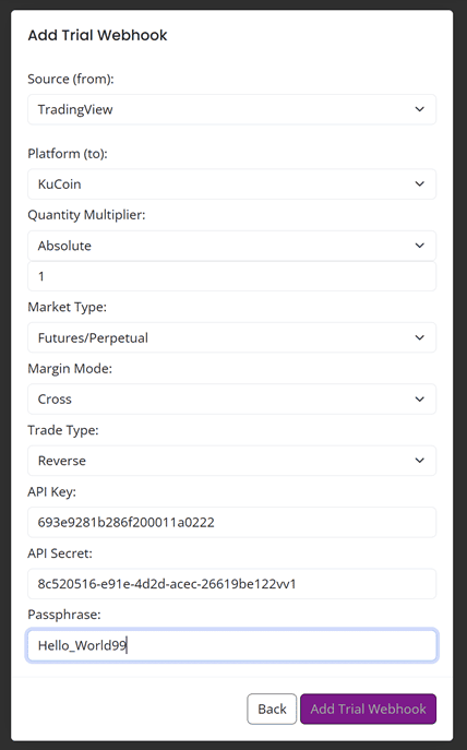 AlgoWay KuCoin Futures connection form with API credentials
