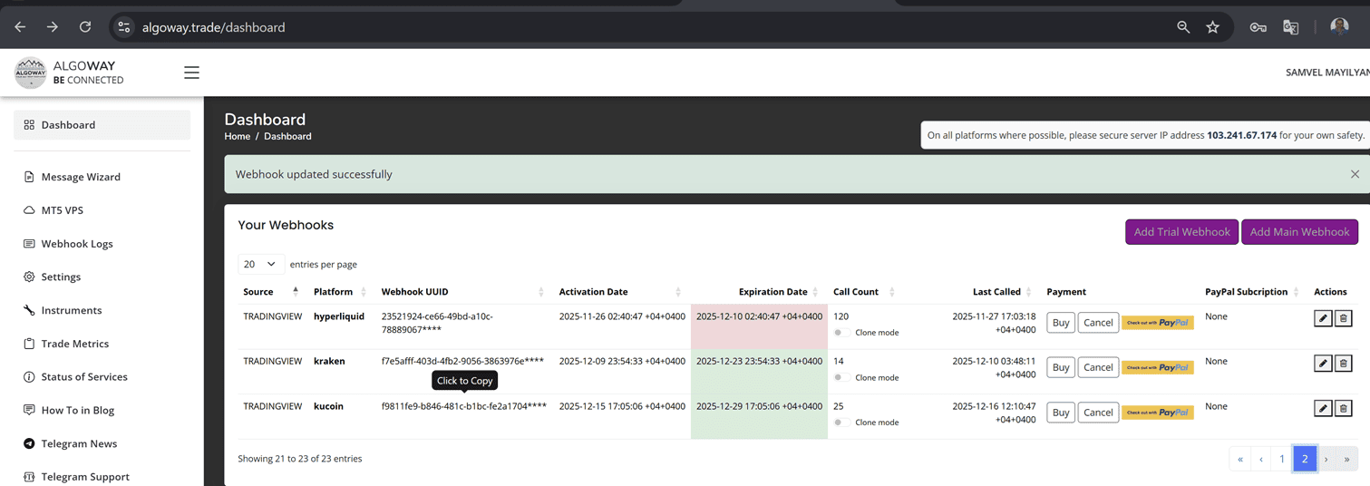 AlgoWay webhook list with a KuCoin connection