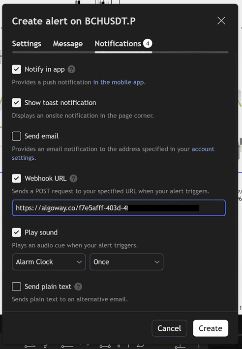 TradingView Notifications tab showing the KuCoin webhook URL