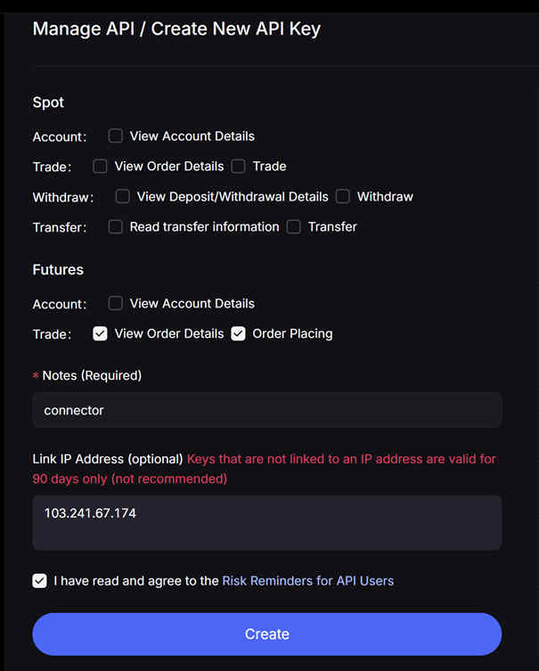 MEXC Create New API Key screen with Futures permissions and linked IP