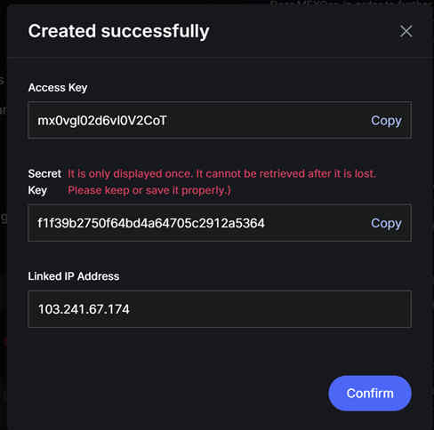 MEXC API key created successfully modal showing Access Key and Secret Key