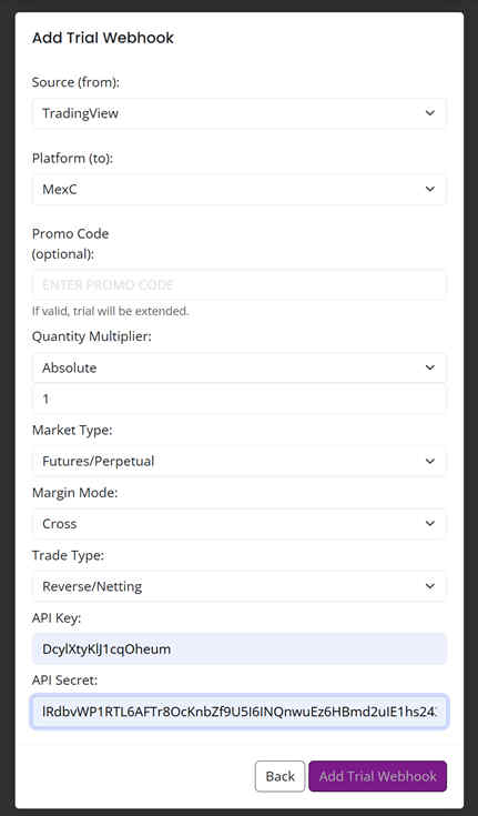 AlgoWay Add Trial Webhook form filled for MEXC
