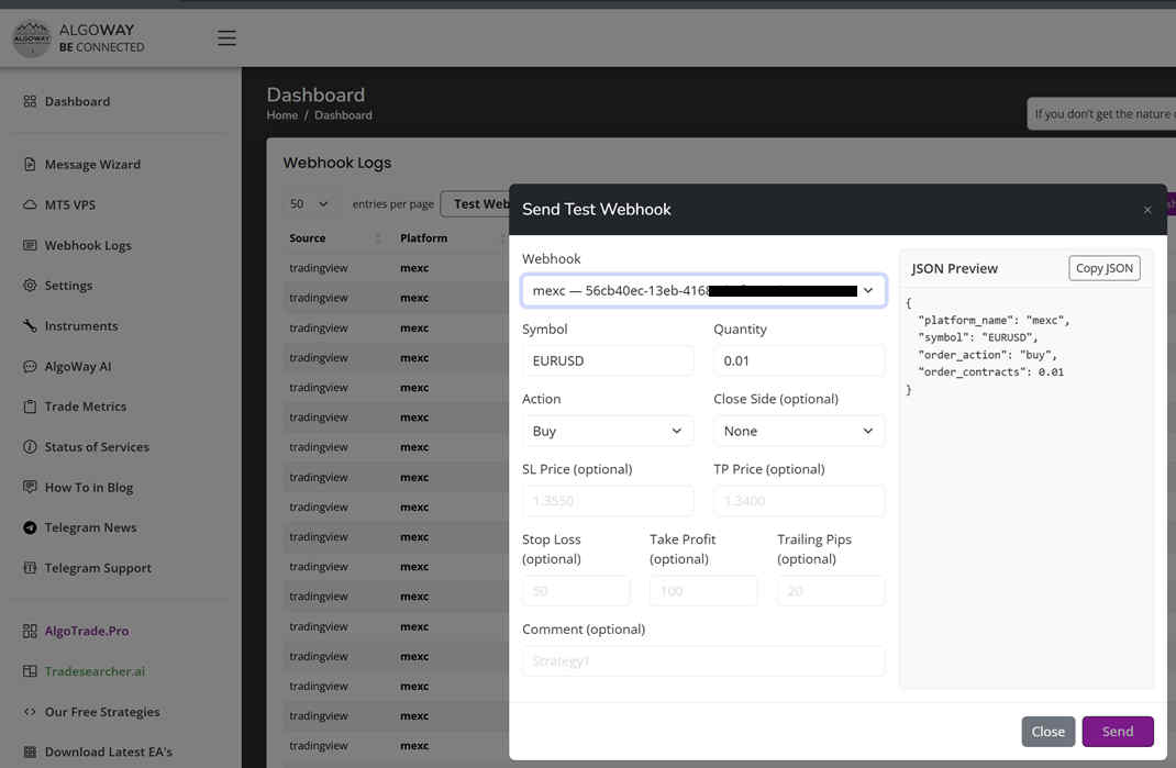 AlgoWay Send Test Webhook modal for MEXC