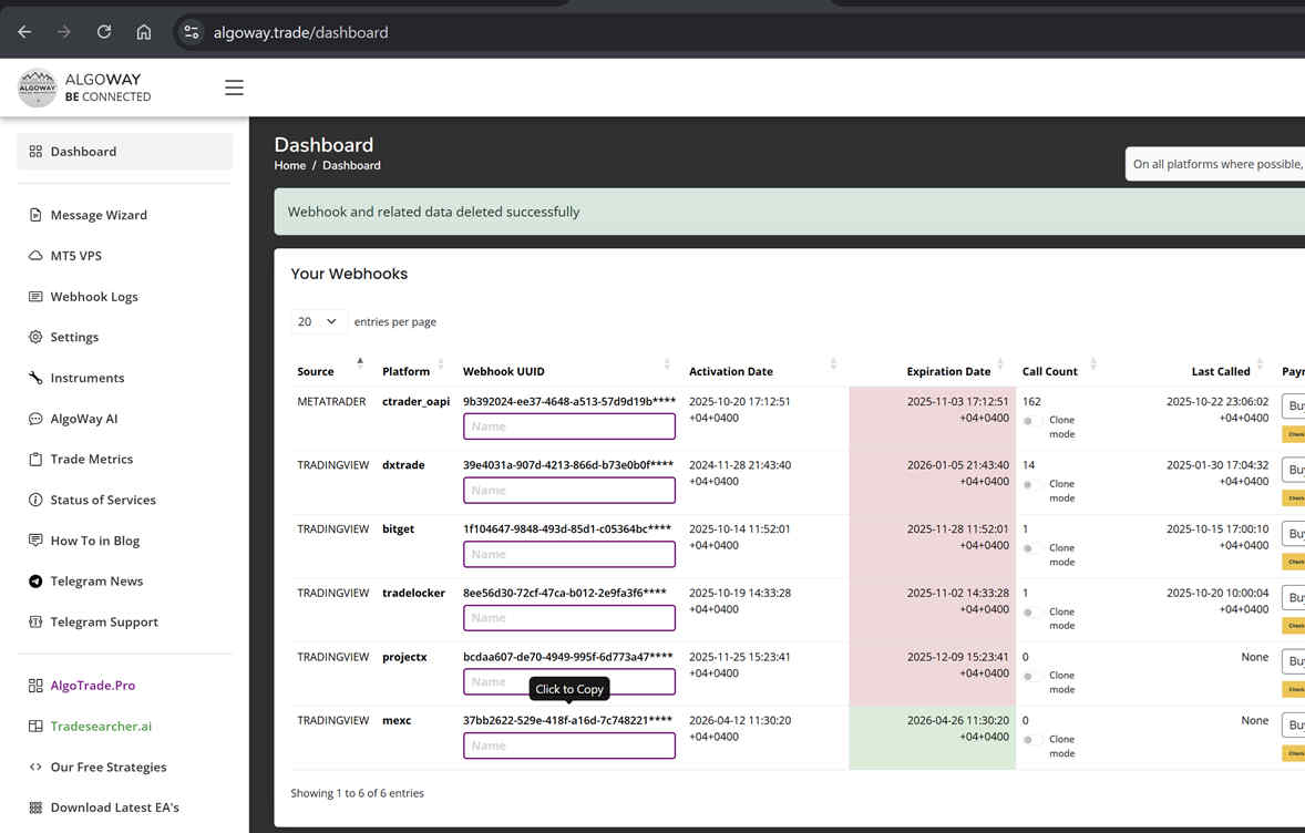 AlgoWay dashboard showing MEXC webhook entry