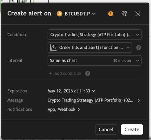 TradingView Notifications section with Webhook URL enabled for AlgoWay