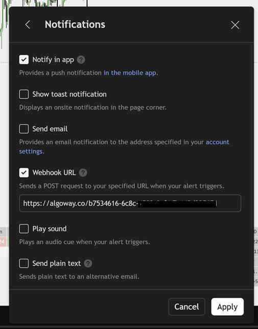 AlgoWay TradingView alert sample JSON modal for MEXC