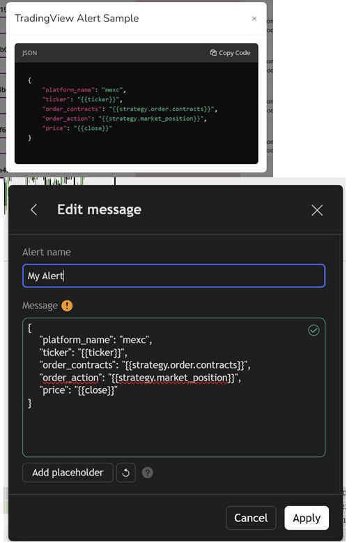 TradingView alert edit message window with MEXC JSON