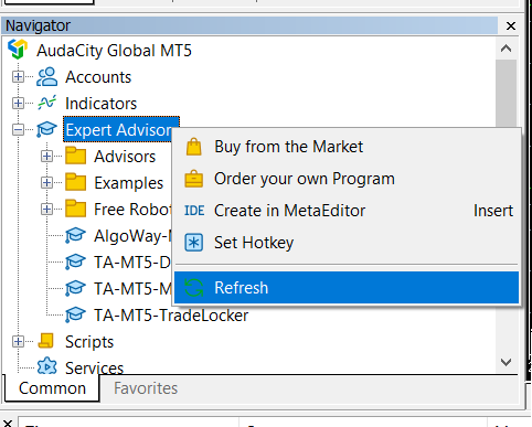 Refresh Expert Advisors in MetaTrader 5