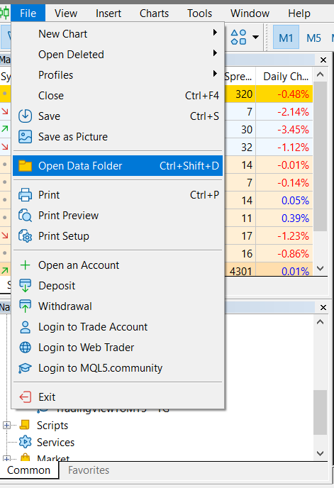 Open Data Folder in MetaTrader 5