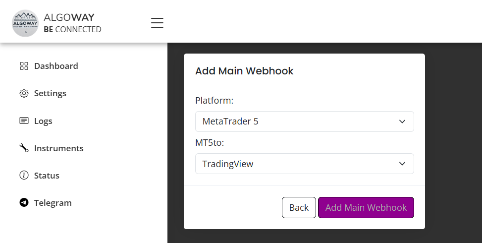 Add Webhook in AlgoWay for MetaTrader 5