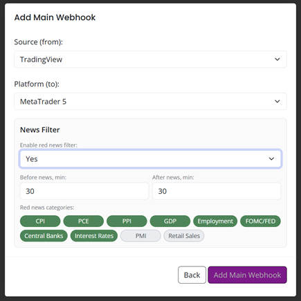 AlgoWay Red News Filter settings inside webhook configuration