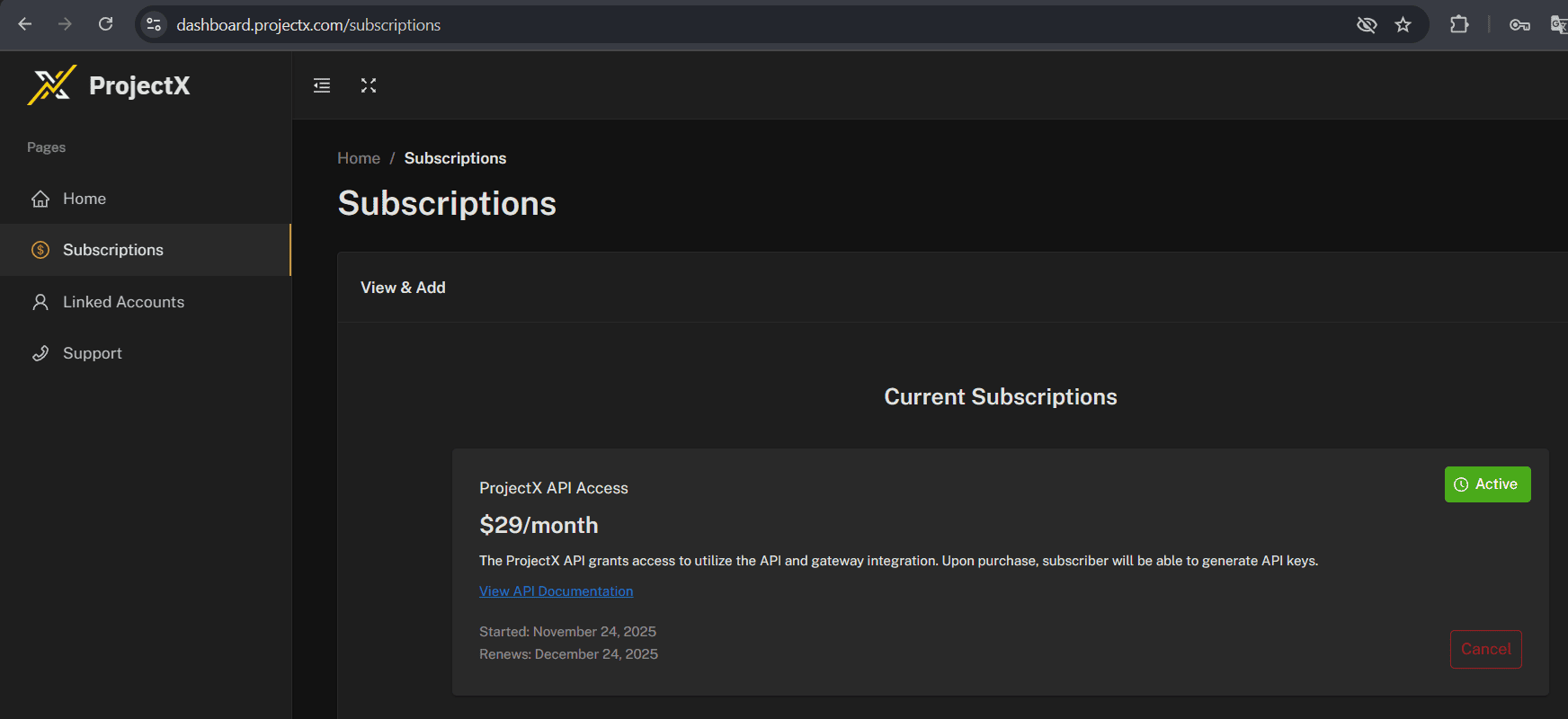 ProjectX subscription screen