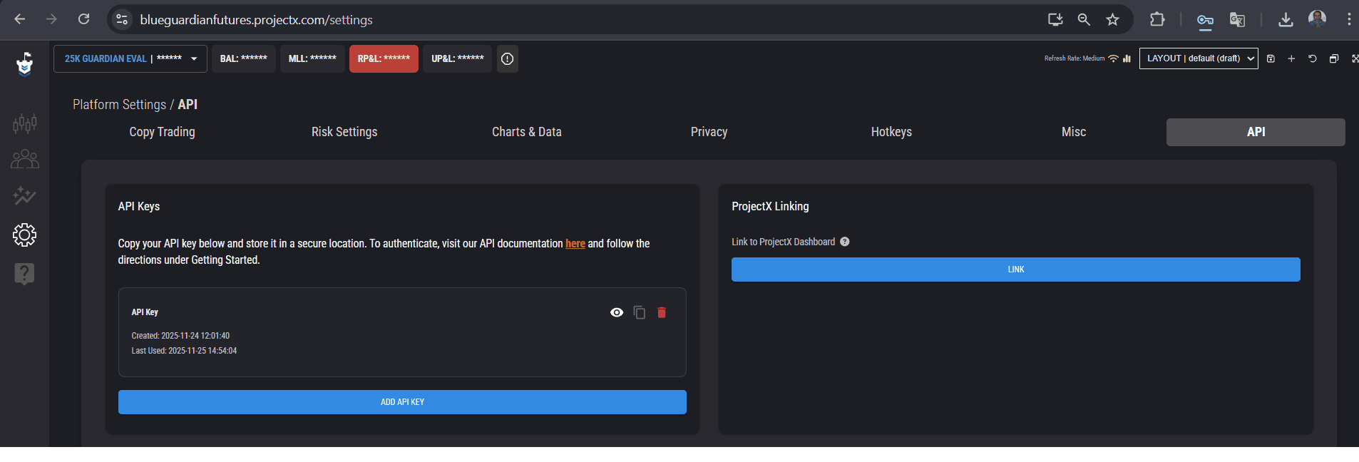 ProjectX platform API key page