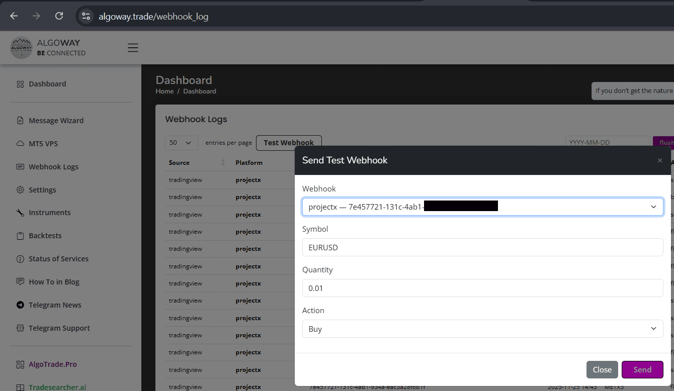 AlgoWay test webhook modal