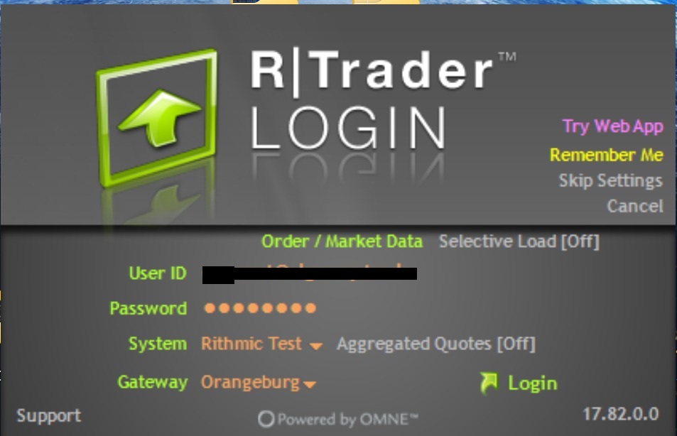 R Trader login showing Rithmic User ID and Rithmic Test system