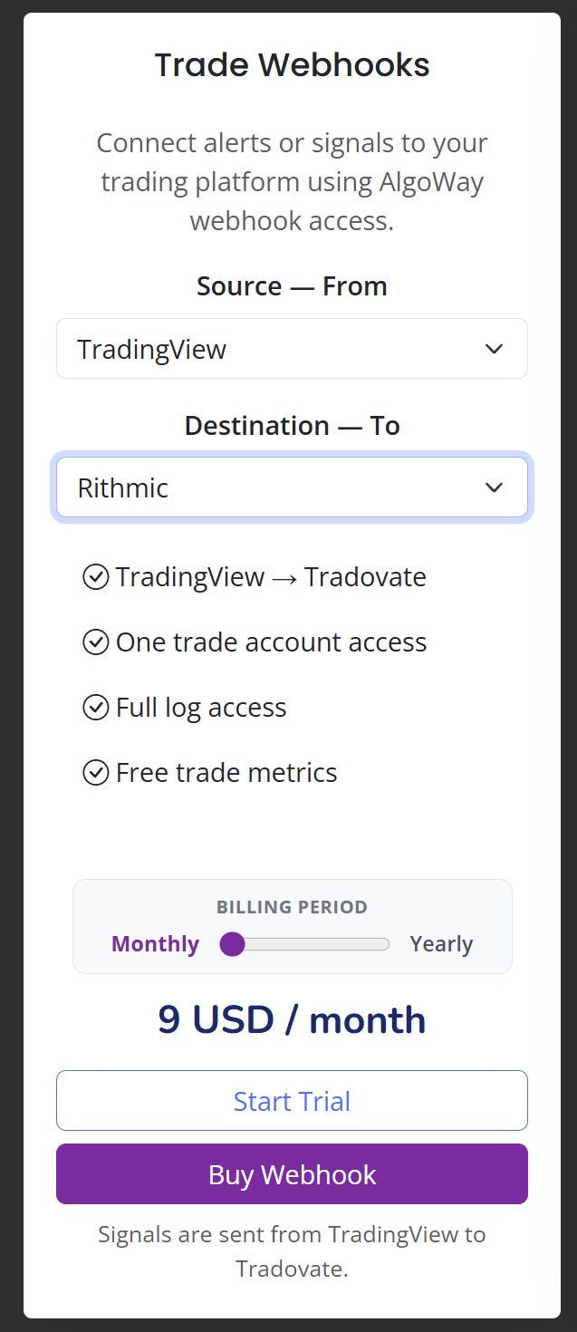 Select Rithmic as the destination in AlgoWay Trade Webhooks