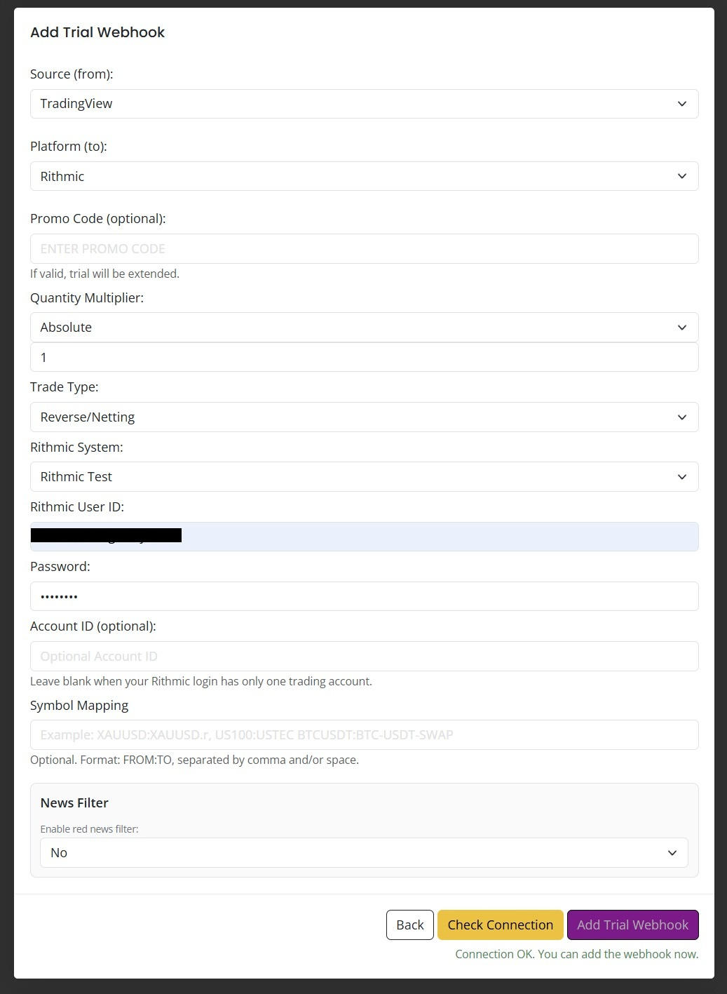 Configure Rithmic webhook credentials and system in AlgoWay