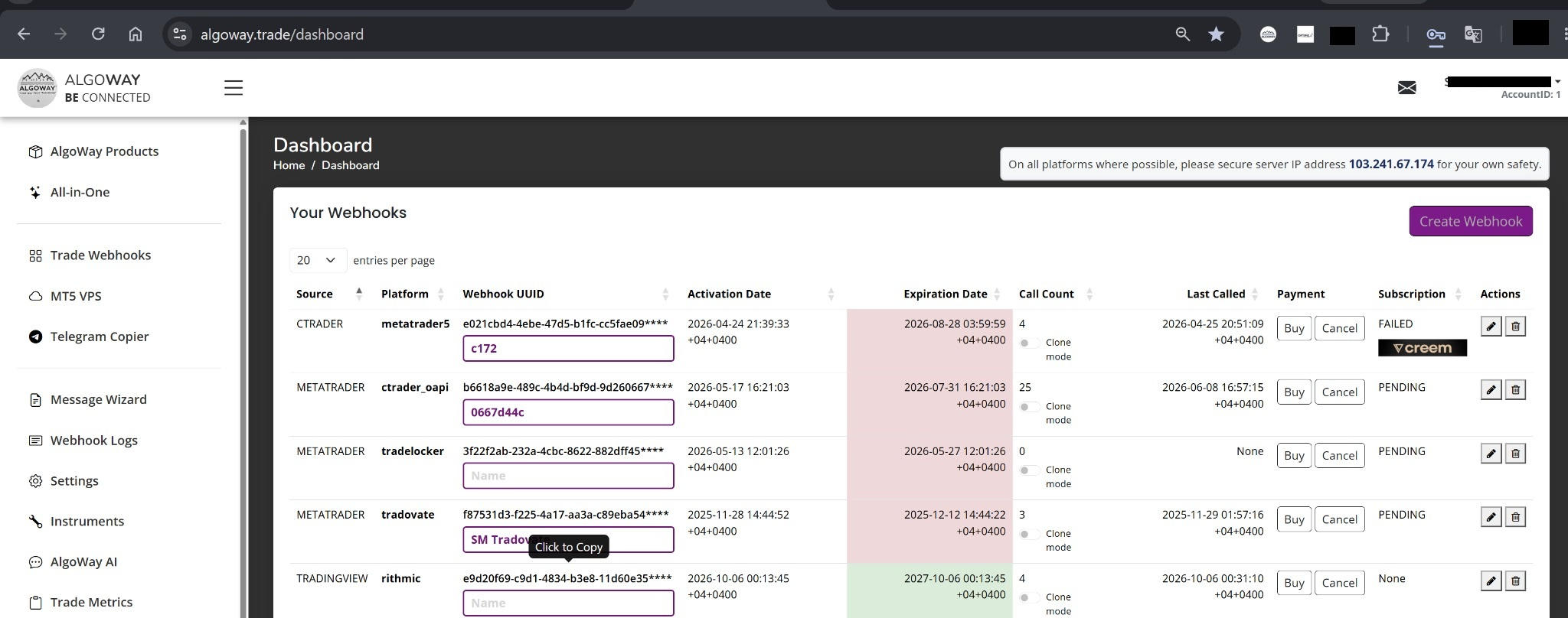 AlgoWay dashboard showing an active TradingView to Rithmic webhook