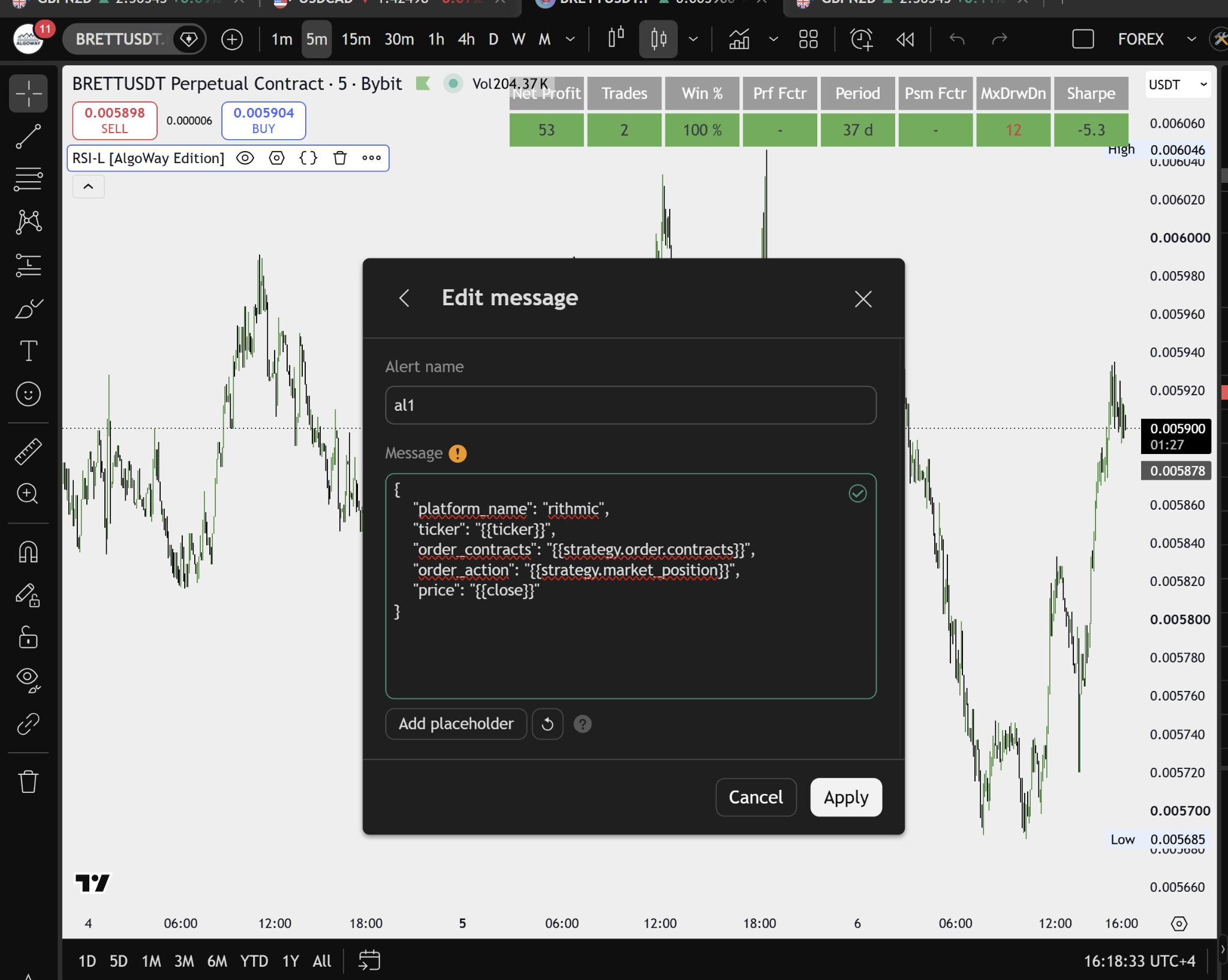 TradingView alert JSON for Rithmic webhook trading