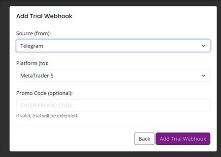 Add Trial Webhook with Telegram as source and MetaTrader 5 as destination