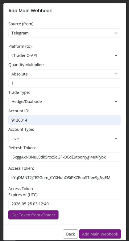Add Main Webhook with Telegram as source and cTrader O-API as destination