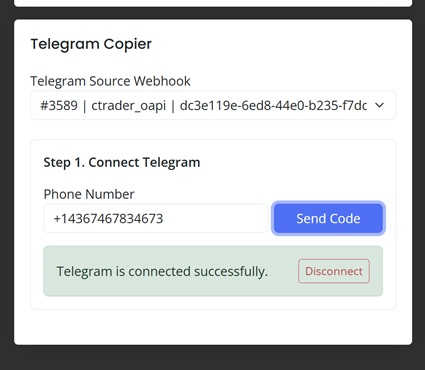 Telegram Copier showing Telegram connected successfully
