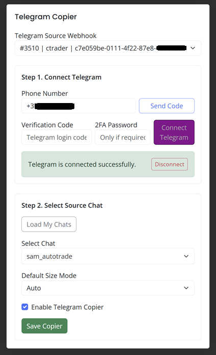 Telegram Copier with selected source chat and Auto default size mode