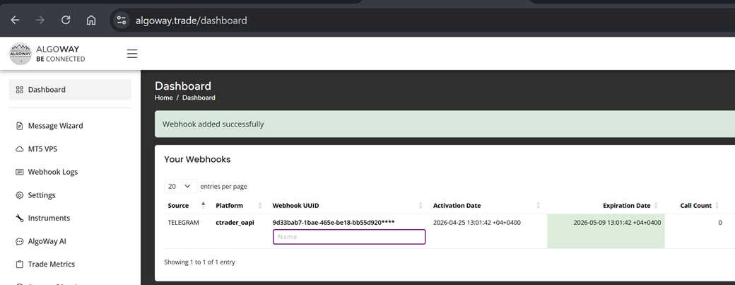 Dashboard showing a newly created Telegram webhook