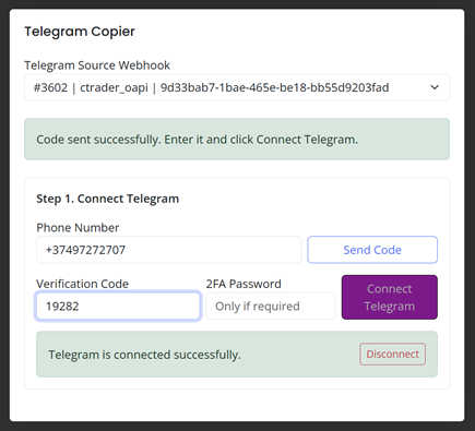 Telegram Copier after code is sent and verification code is entered