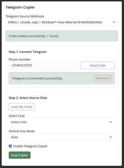Telegram Copier showing chats loaded successfully