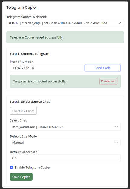 Telegram Copier saved with Manual default size mode and default order size