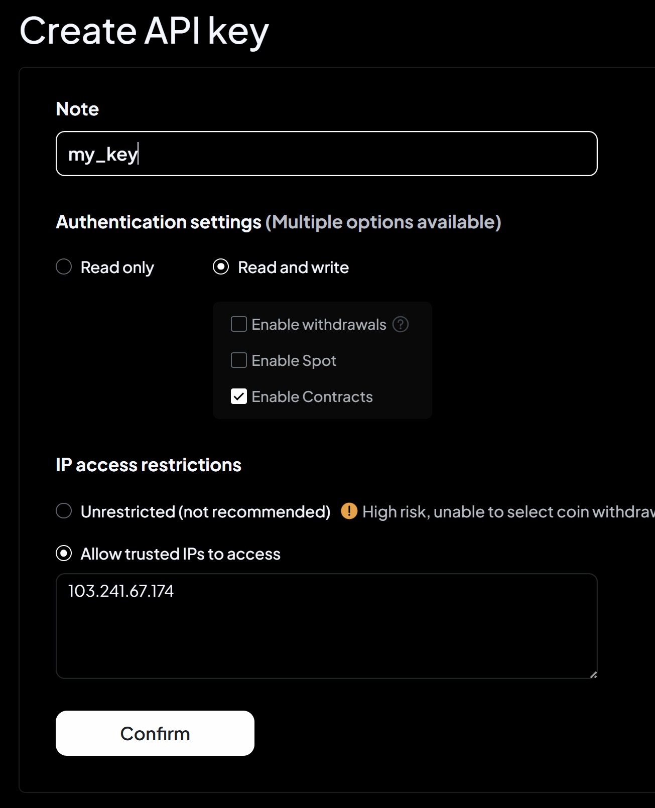Create a Toobit API key for AlgoWay with Contracts permission and trusted IP access