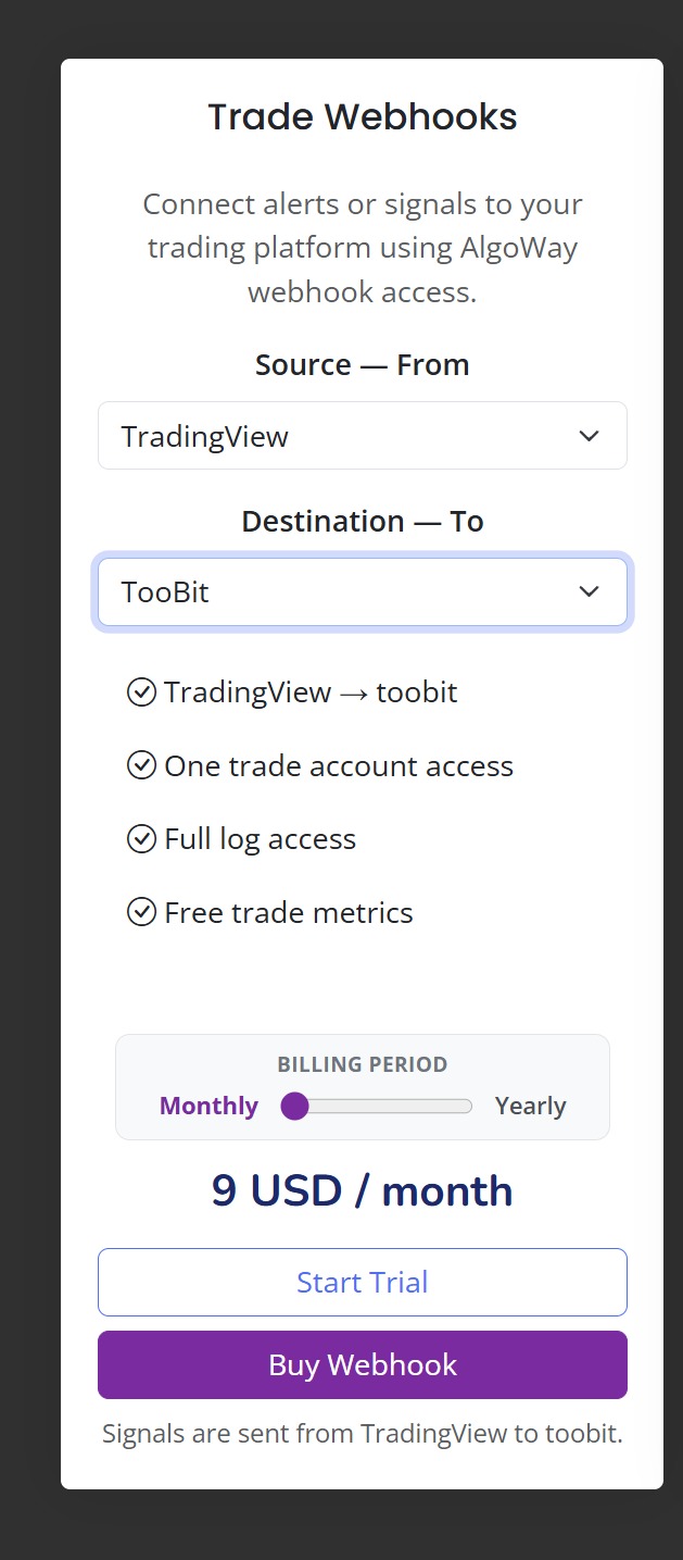 Create a TradingView to Toobit webhook from the AlgoWay Store