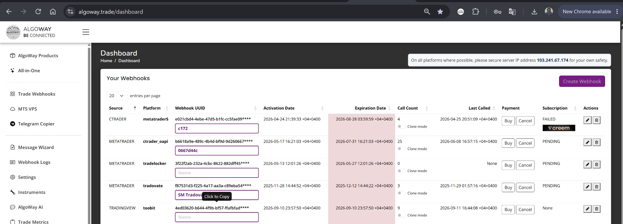 Toobit webhook in the AlgoWay Trade Webhooks dashboard