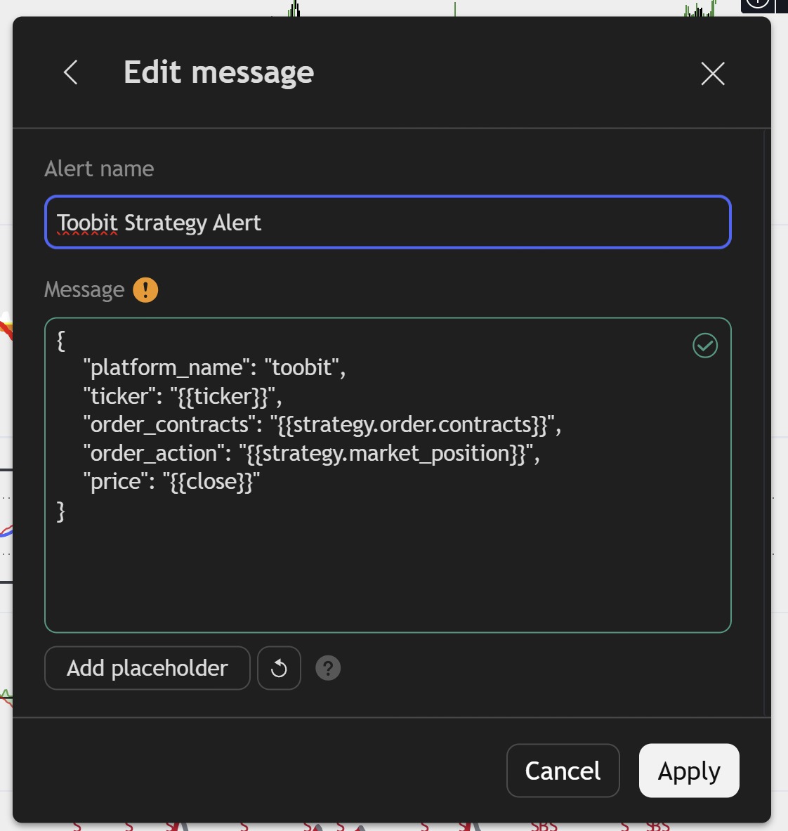 TradingView Toobit strategy alert JSON for AlgoWay