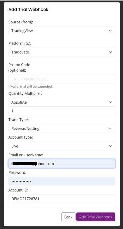 Configure Tradovate webhook credentials in AlgoWay