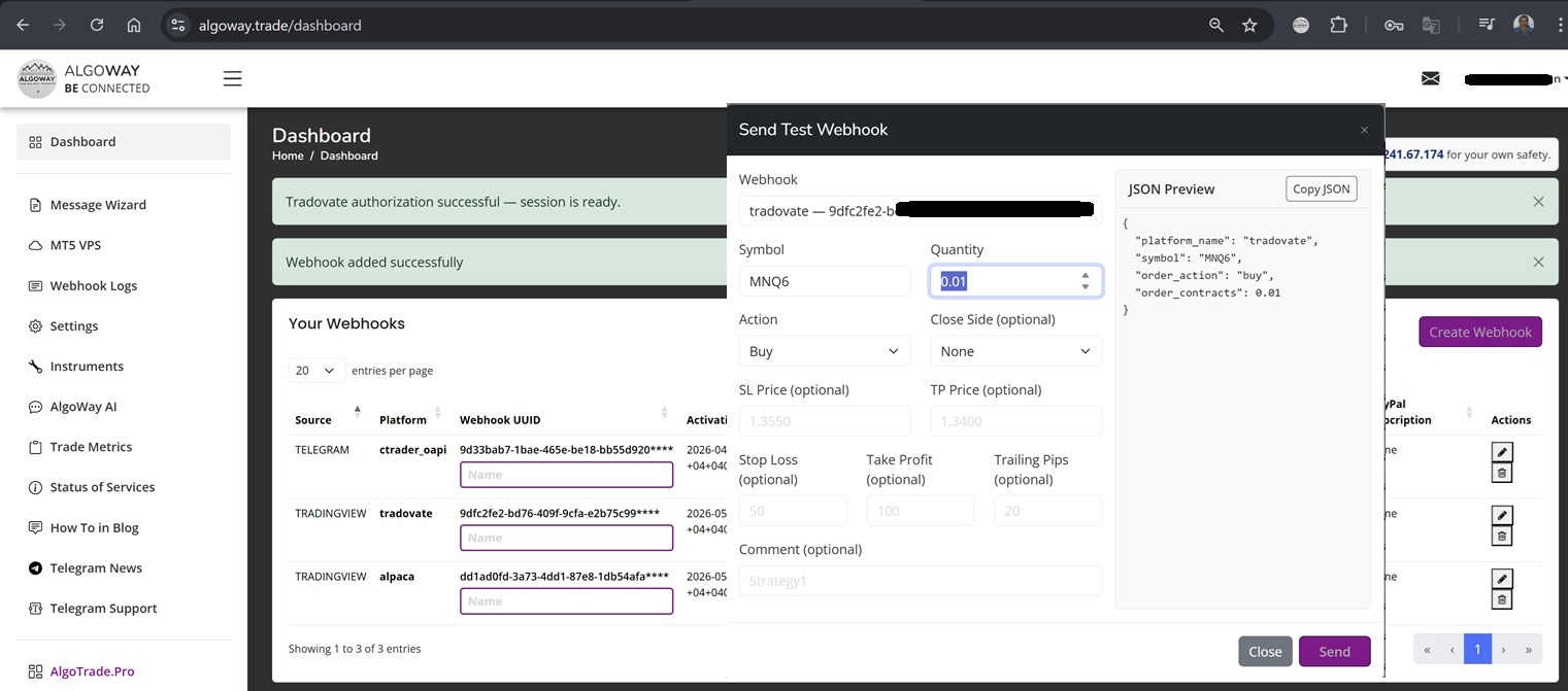 Tradovate authorization successful in AlgoWay dashboard