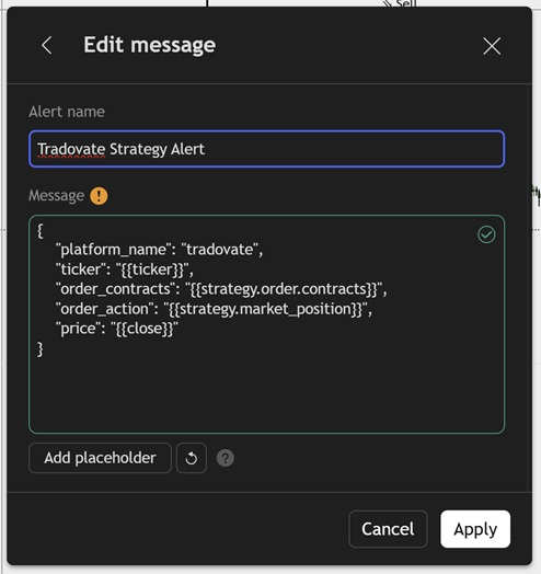TradingView Tradovate strategy alert JSON