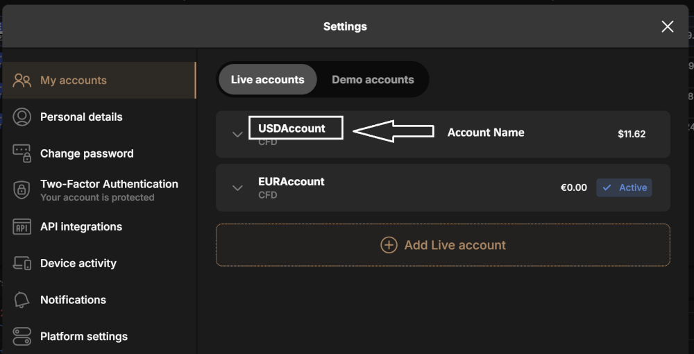 Capital.com My accounts screen showing USDAccount and EURAccount account names