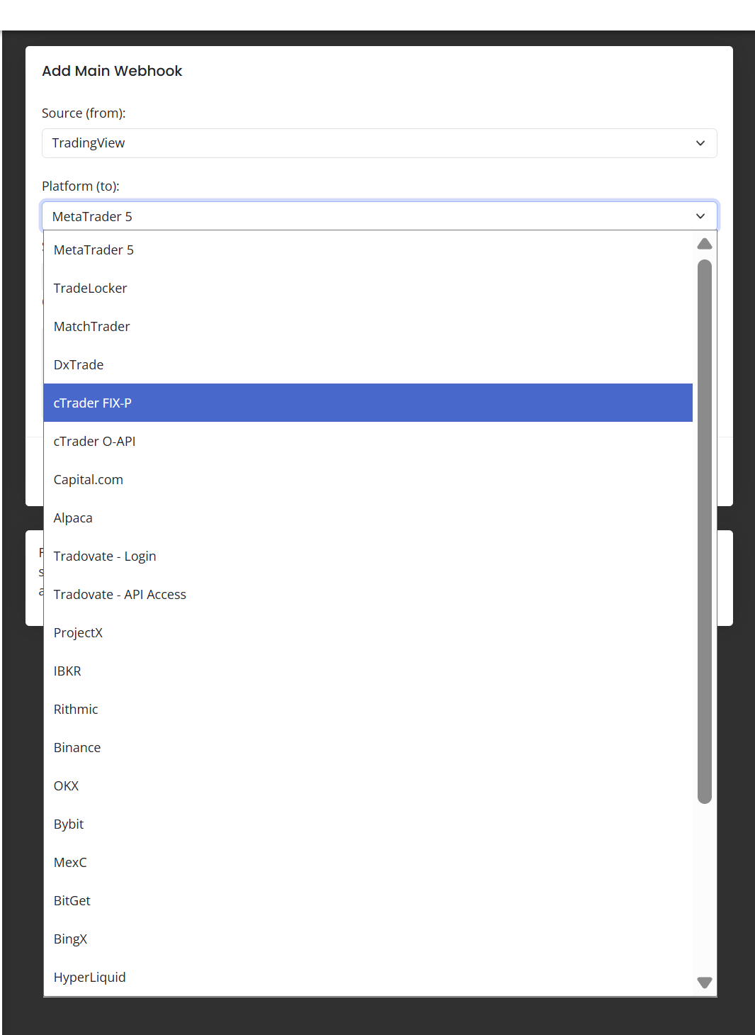 AlgoWay destination dropdown showing cTrader FIX-P and cTrader O-API as separate integration options